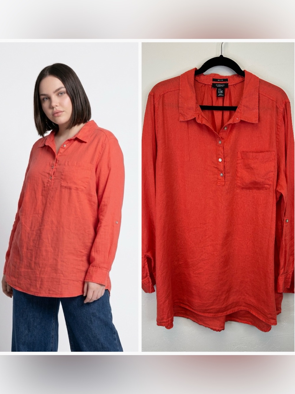 Linen Coral Button Front Top Size 2X Plus Size‎ Beachy Travel Lightweight Flowy